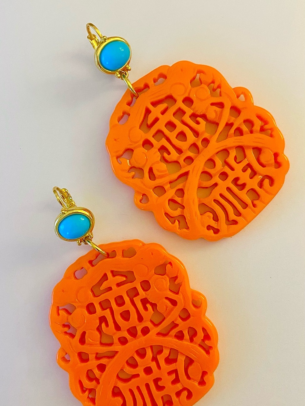 Kenneth Jay Lane carved coral resin drop Drop Earrings with Turquoise Cabochons